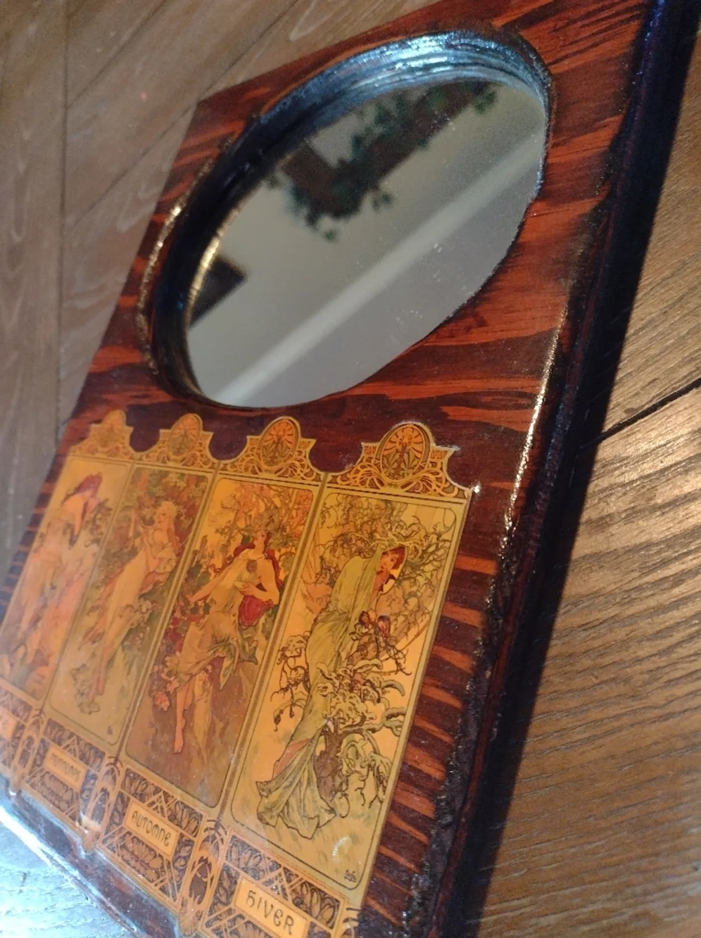 Vintage Art Nouveau Wooden Mirror with Four Seasons Panels, Handmade - Picture 6 of 11